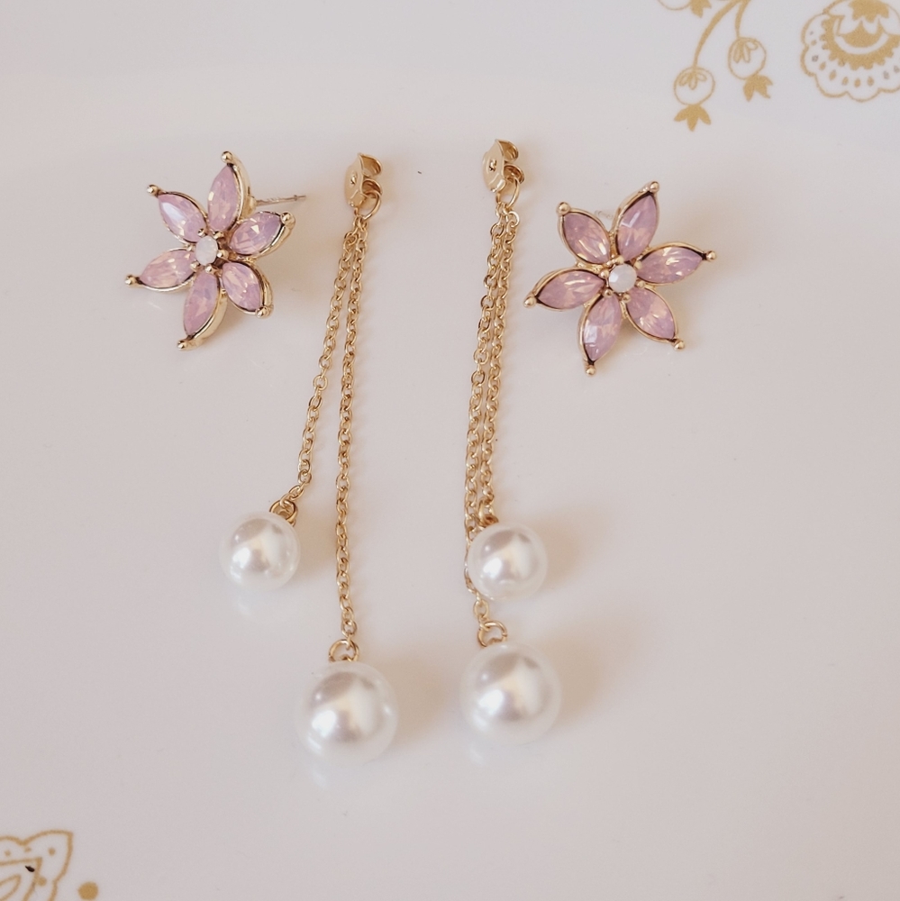NWT-Flower Dangle Double Pearl Detachable Earrings - Picture 2 of 11